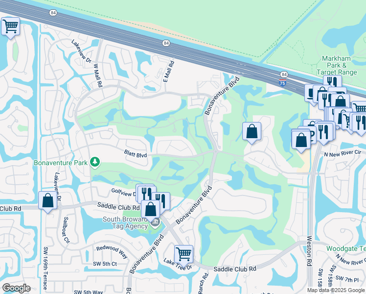 map of restaurants, bars, coffee shops, grocery stores, and more near 16491 Blatt Boulevard in Weston