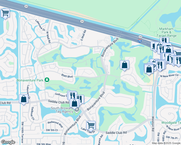 map of restaurants, bars, coffee shops, grocery stores, and more near 16451 Blatt Boulevard in Weston