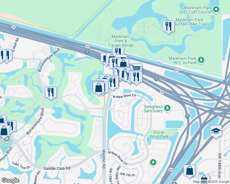 map of restaurants, bars, coffee shops, grocery stores, and more near 127 Southwest 159th Way in Sunrise