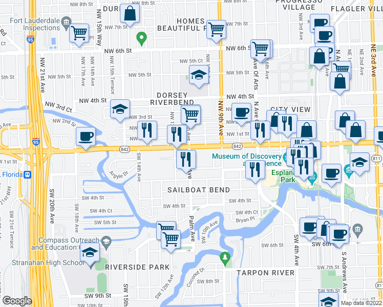 map of restaurants, bars, coffee shops, grocery stores, and more near 108 Palm Avenue in Fort Lauderdale