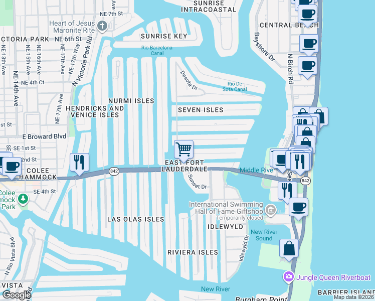 map of restaurants, bars, coffee shops, grocery stores, and more near 2317 Delmar Place in Fort Lauderdale