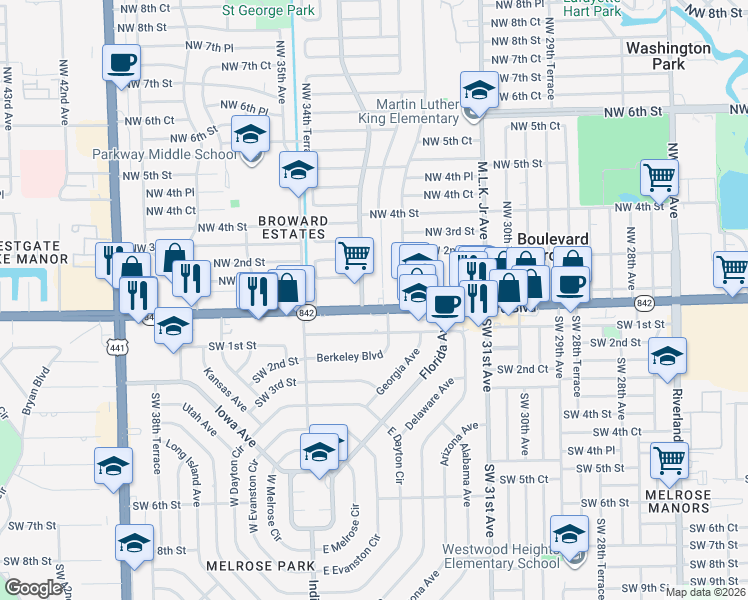 map of restaurants, bars, coffee shops, grocery stores, and more near 1 Northwest 33rd Terrace in Lauderhill