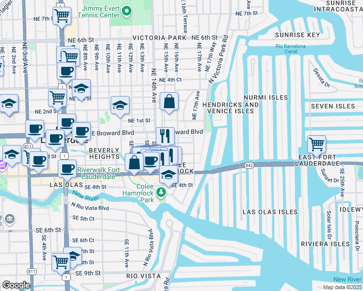 map of restaurants, bars, coffee shops, grocery stores, and more near 1601 Southeast 2nd Street in Fort Lauderdale