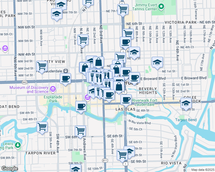 map of restaurants, bars, coffee shops, grocery stores, and more near 161 Southeast 3rd Avenue in Fort Lauderdale