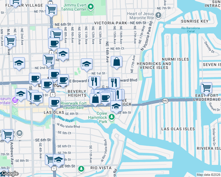map of restaurants, bars, coffee shops, grocery stores, and more near 101 Southeast 15th Avenue in Fort Lauderdale