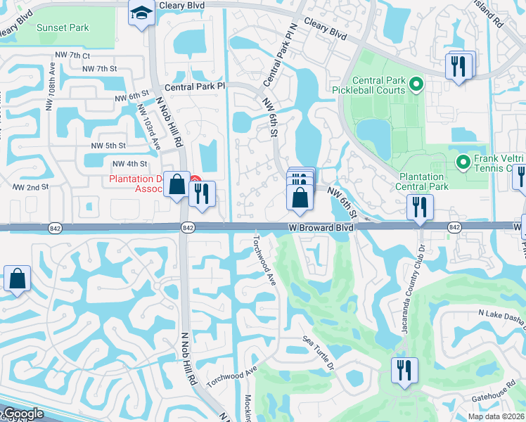map of restaurants, bars, coffee shops, grocery stores, and more near 9719 West Broward Boulevard in Plantation
