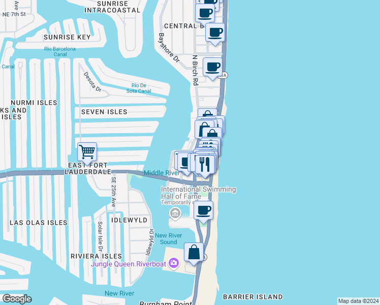 map of restaurants, bars, coffee shops, grocery stores, and more near 135 Poinsettia Street in Fort Lauderdale