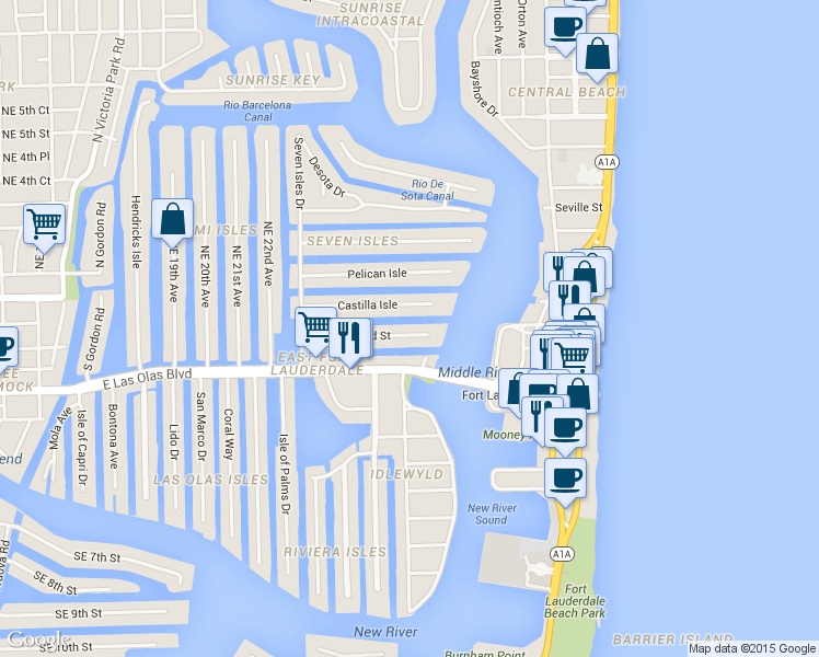 map of restaurants, bars, coffee shops, grocery stores, and more near 2516 Delmar Place in Fort Lauderdale