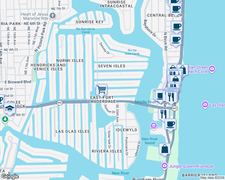 map of restaurants, bars, coffee shops, grocery stores, and more near 2422 Delmar Place in Fort Lauderdale