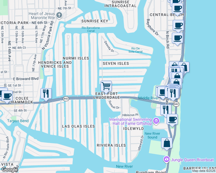 map of restaurants, bars, coffee shops, grocery stores, and more near 2310 Delmar Place in Fort Lauderdale