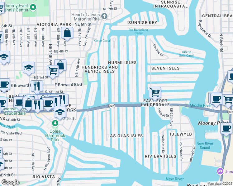 map of restaurants, bars, coffee shops, grocery stores, and more near 15 Isle of Venice Drive in Fort Lauderdale
