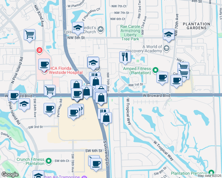 map of restaurants, bars, coffee shops, grocery stores, and more near 40 Northwest 76th Avenue in Plantation