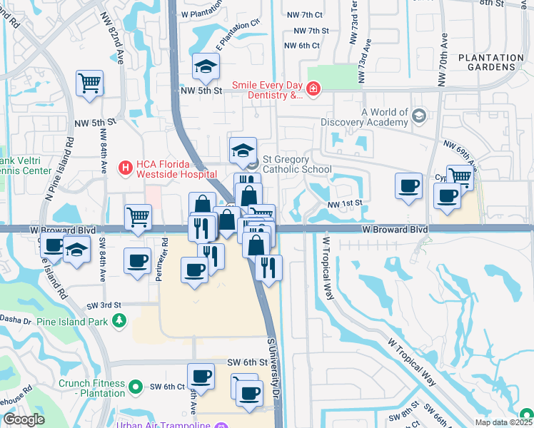 map of restaurants, bars, coffee shops, grocery stores, and more near in Plantation