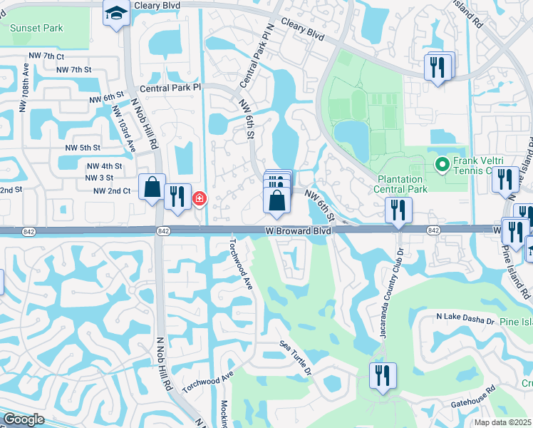map of restaurants, bars, coffee shops, grocery stores, and more near 9739 West Broward Boulevard in Plantation