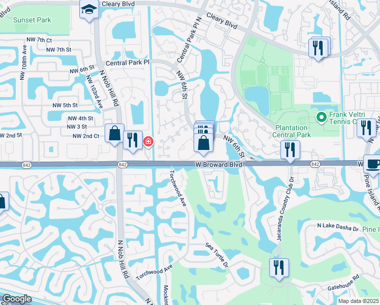 map of restaurants, bars, coffee shops, grocery stores, and more near 9719 West Broward Boulevard in Plantation