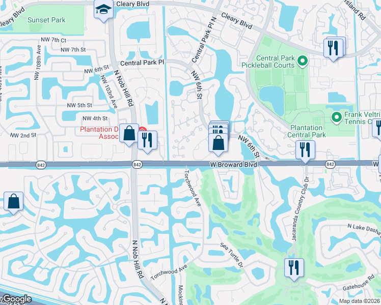 map of restaurants, bars, coffee shops, grocery stores, and more near 9719 West Broward Boulevard in Plantation