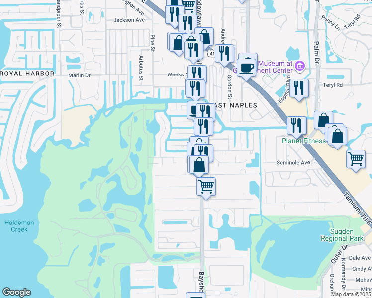 map of restaurants, bars, coffee shops, grocery stores, and more near 2730 Lakeview Drive in Naples