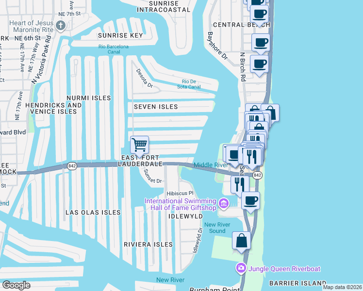map of restaurants, bars, coffee shops, grocery stores, and more near 2516 Delmar Place in Fort Lauderdale