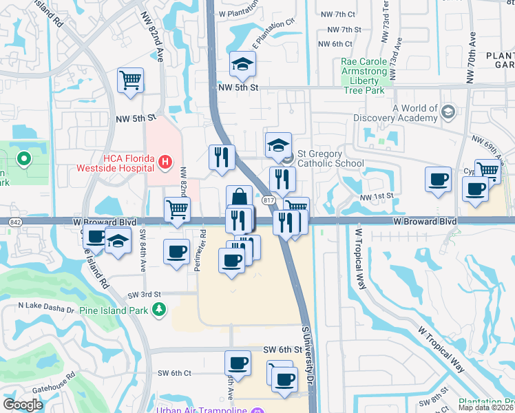 map of restaurants, bars, coffee shops, grocery stores, and more near 1 North University Drive in Plantation