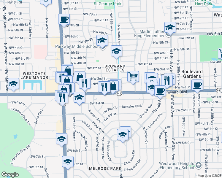 map of restaurants, bars, coffee shops, grocery stores, and more near in Lauderhill