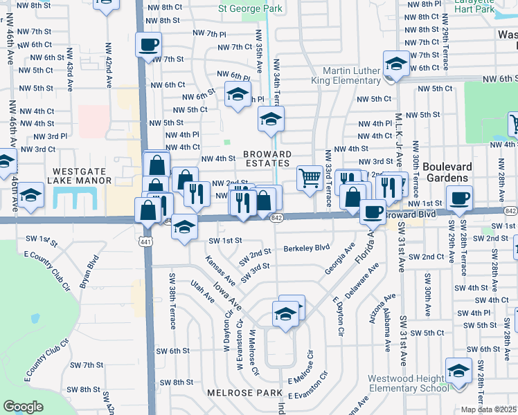 map of restaurants, bars, coffee shops, grocery stores, and more near in Lauderhill