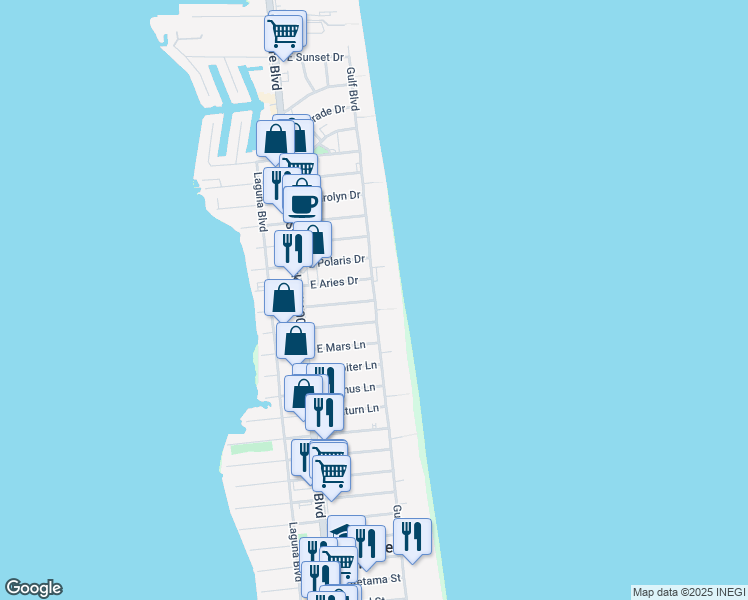 map of restaurants, bars, coffee shops, grocery stores, and more near 1227 East Capricorn Drive in South Padre Island