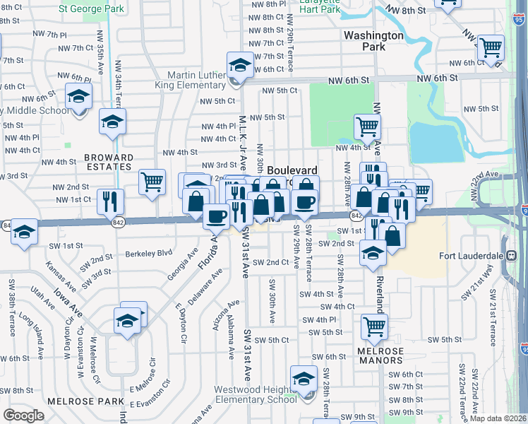 map of restaurants, bars, coffee shops, grocery stores, and more near 3058 West Broward Boulevard in Fort Lauderdale