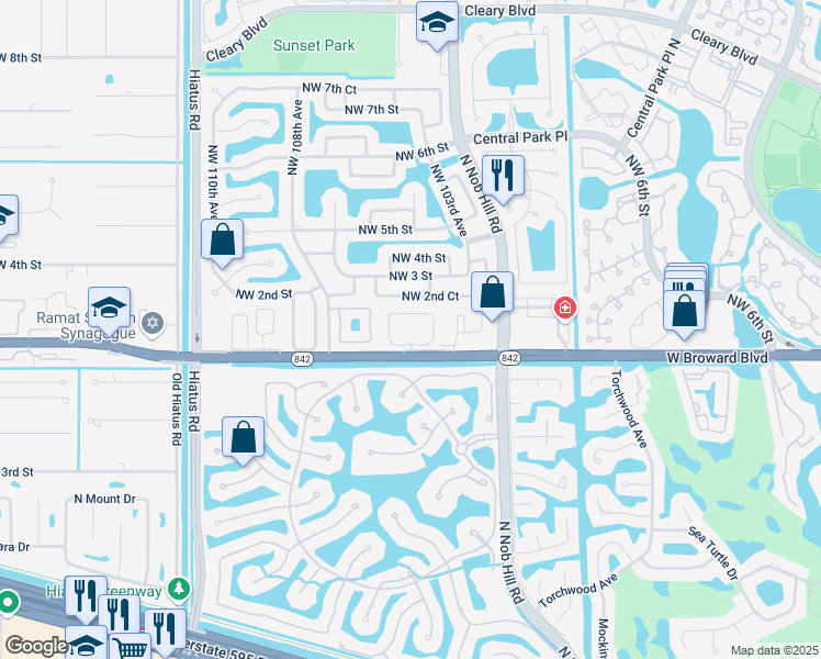 map of restaurants, bars, coffee shops, grocery stores, and more near 10501 West Broward Boulevard in Plantation