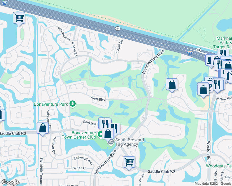map of restaurants, bars, coffee shops, grocery stores, and more near 16531 Blatt Boulevard in Weston