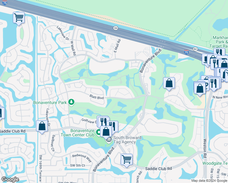 map of restaurants, bars, coffee shops, grocery stores, and more near 16581 Blatt Boulevard in Weston