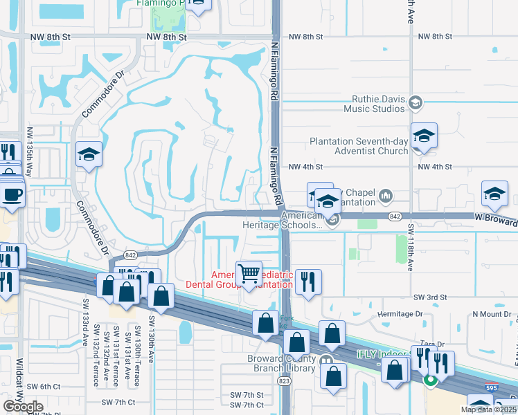 map of restaurants, bars, coffee shops, grocery stores, and more near 12491 Southwest 1st Street in Plantation