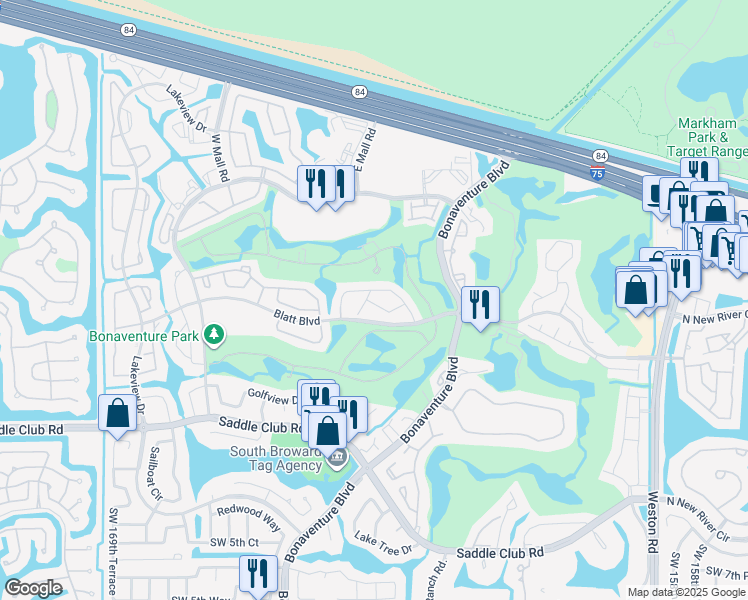 map of restaurants, bars, coffee shops, grocery stores, and more near 16451 Blatt Boulevard in Weston