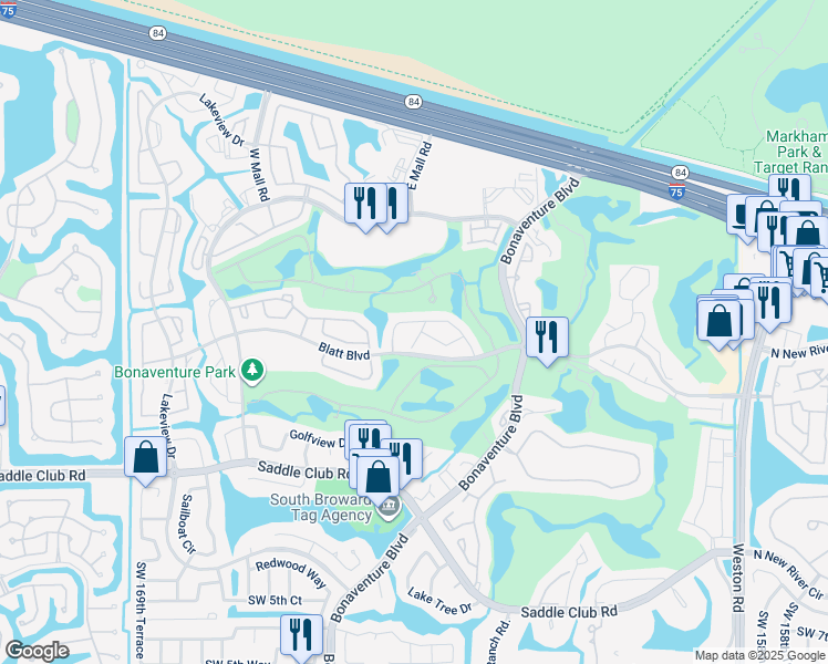 map of restaurants, bars, coffee shops, grocery stores, and more near 16451 Blatt Boulevard in Weston