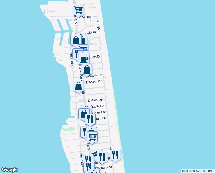 map of restaurants, bars, coffee shops, grocery stores, and more near 4782 Gulf Boulevard in South Padre Island