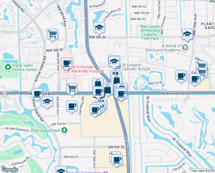 map of restaurants, bars, coffee shops, grocery stores, and more near 1 North University Drive in Plantation