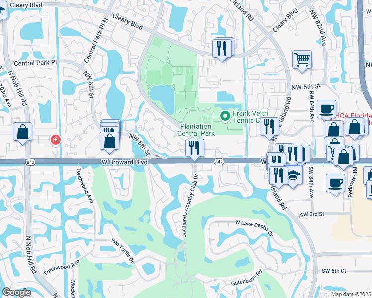map of restaurants, bars, coffee shops, grocery stores, and more near 302 Jacaranda Country Club Drive in Plantation