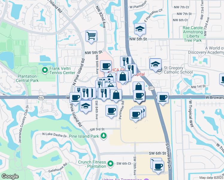 map of restaurants, bars, coffee shops, grocery stores, and more near 8144 West Broward Boulevard in Plantation