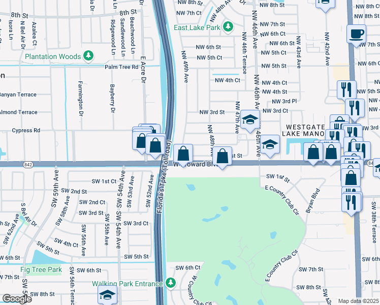 map of restaurants, bars, coffee shops, grocery stores, and more near 4920 Florida 842 in Plantation