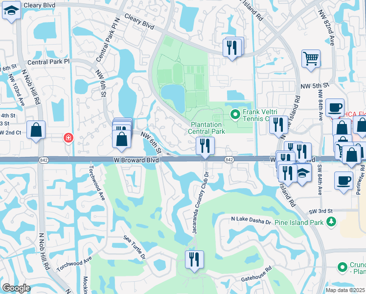 map of restaurants, bars, coffee shops, grocery stores, and more near 9249 Chelsea Drive South in Plantation