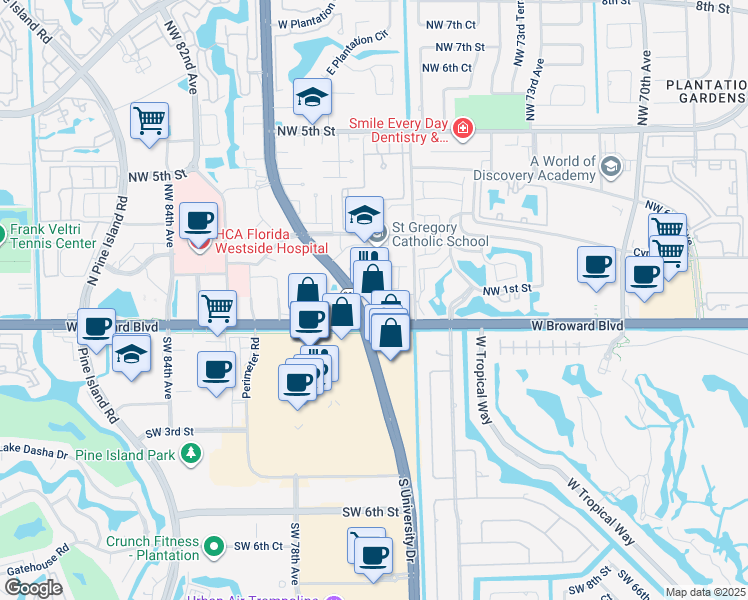 map of restaurants, bars, coffee shops, grocery stores, and more near 50 North University Drive in Plantation