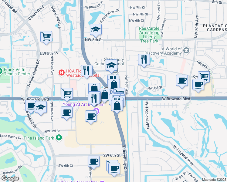 map of restaurants, bars, coffee shops, grocery stores, and more near 50 North University Drive in Plantation