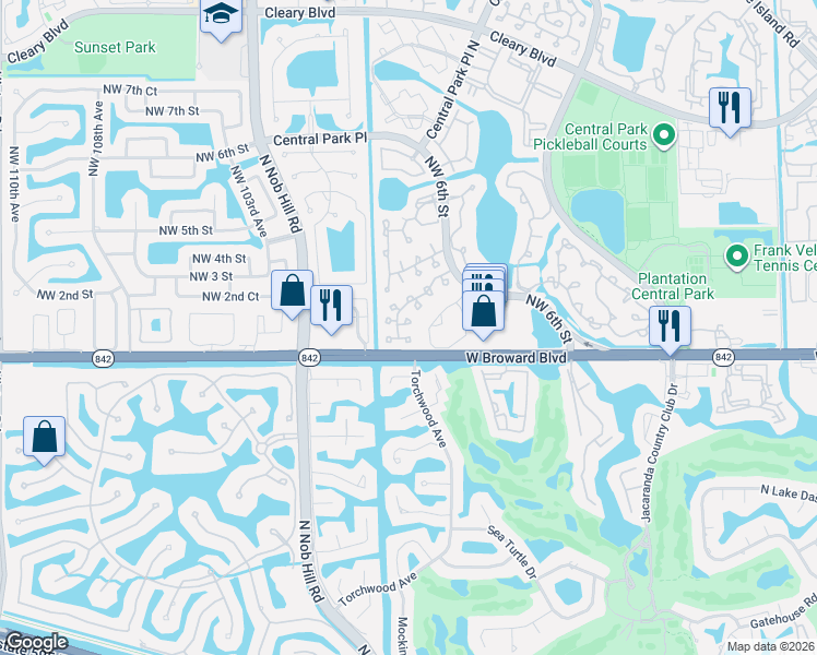map of restaurants, bars, coffee shops, grocery stores, and more near 9853 Northwest 2nd Place in Plantation