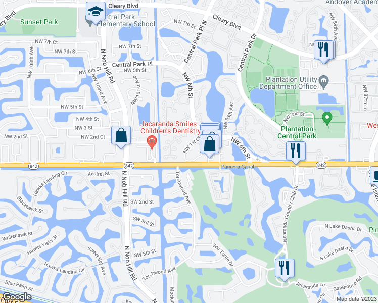 map of restaurants, bars, coffee shops, grocery stores, and more near 9852 Northwest 1st Court in Plantation