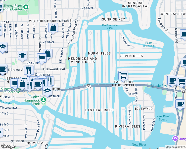 map of restaurants, bars, coffee shops, grocery stores, and more near 49 Fiesta Way in Fort Lauderdale