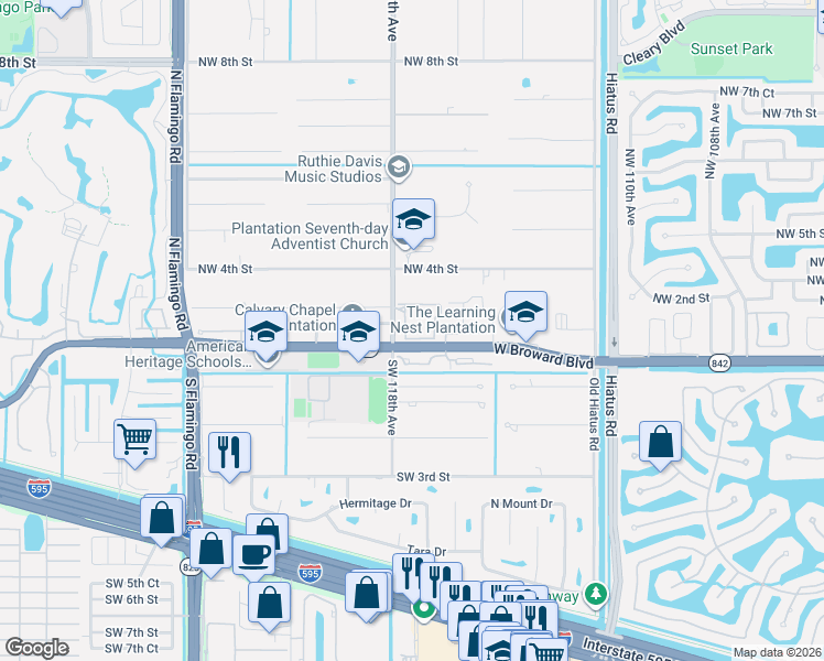 map of restaurants, bars, coffee shops, grocery stores, and more near 11770 Northwest 2nd Street in Plantation
