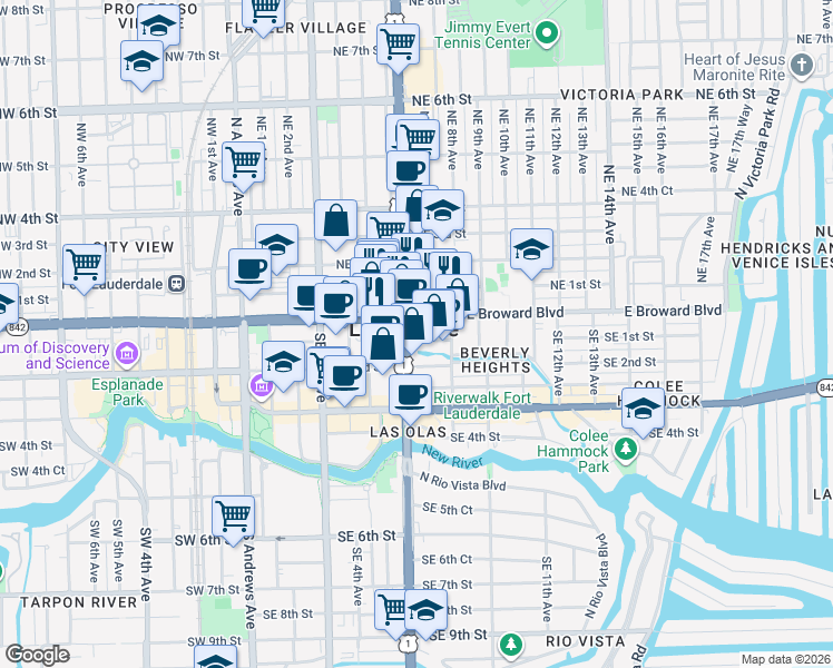 map of restaurants, bars, coffee shops, grocery stores, and more near 101 Northeast 3rd Avenue in Fort Lauderdale