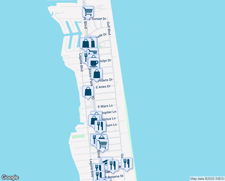map of restaurants, bars, coffee shops, grocery stores, and more near 5004 Gulf Boulevard in South Padre Island
