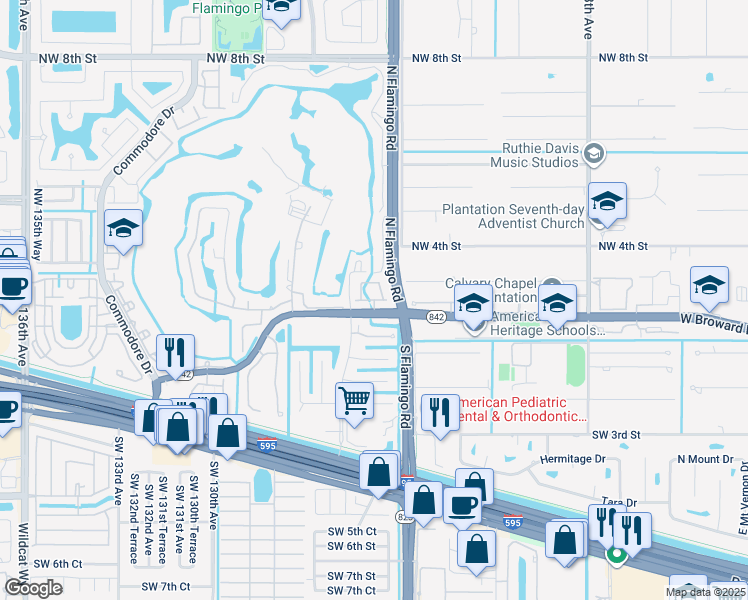 map of restaurants, bars, coffee shops, grocery stores, and more near Emerald Creek Court in Plantation