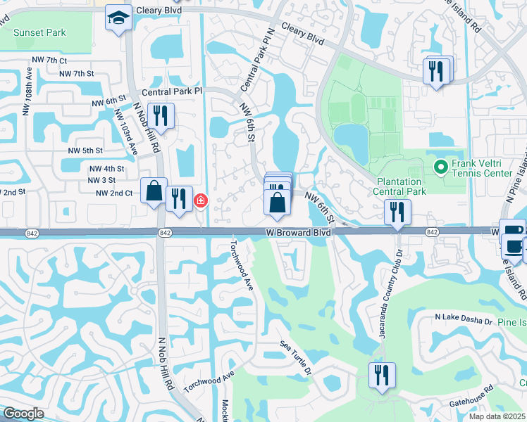 map of restaurants, bars, coffee shops, grocery stores, and more near 150 Northwest 98th Terrace in Plantation