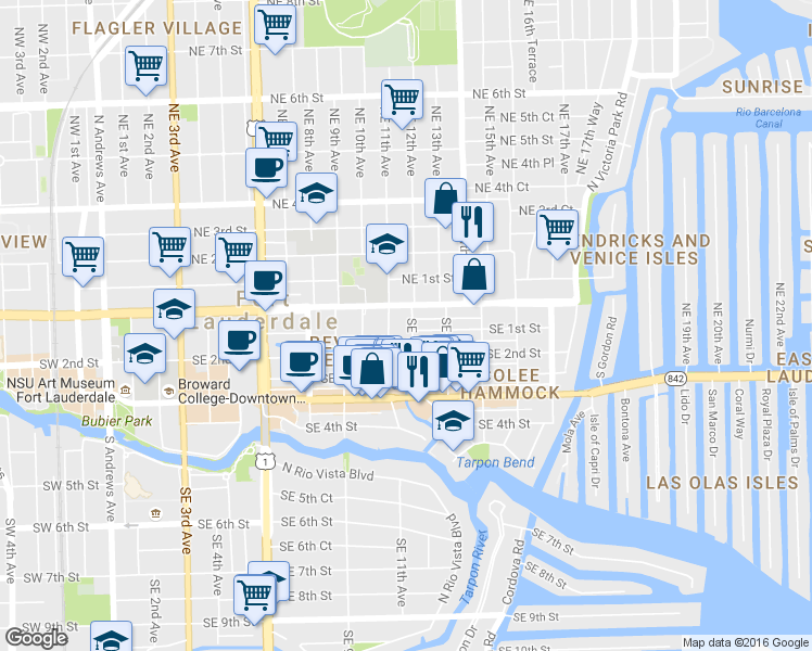 map of restaurants, bars, coffee shops, grocery stores, and more near 1142 East Broward Boulevard in Fort Lauderdale